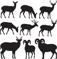 Collection of black silhouettes of deer and ibex goats on white background stag