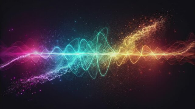 Colorful Sound Wave: A vibrant, energetic sound wave pulsates with light, displaying a spectrum of colors that evoke the dynamism and complexity of sound, perfect for music, audio or science projects.