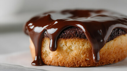 Chocolate ganache dripping over dessert from above, isolated on white background, perfect for food styling and dessert advertising.