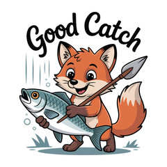 Cartoon fox with a fish good catch illustration