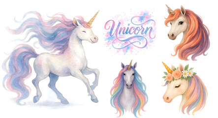 Set of Four Magical Unicorn Illustrations with Pastel Manes and Beautiful Hand-lettered Typography &ndash; Watercolor Art of Mythical Creatures