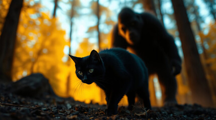 Black cat walking on a forest trail with golden autumn foliage.