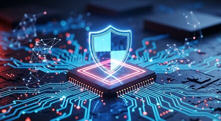 Digital security shield protects data on computer chip with glowing circuit board design