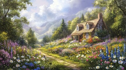 Obraz premium Charming Cottage Surrounded by Vibrant Wildflowers in Lush Green Landscape with Majestic Mountains and Clear Blue Sky