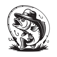 Fish wearing hat fishing with rod and hooks
