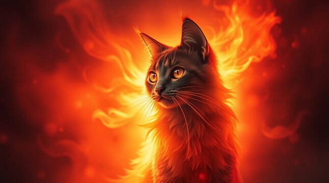 Fiery cat with glowing eyes surrounded by intense, vibrant flames.