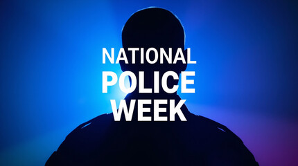 Silhouette of a police officer in spotlight for National Police Week awareness campaign.
