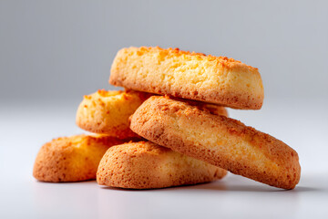 Golden Italian savoiardi biscuits stacked on light background, perfect for dessert recipes, coffee pairing, and bakery promotions.