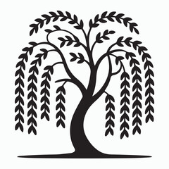 Elegant Black and White Silhouette of a Weeping Willow Tree on white
