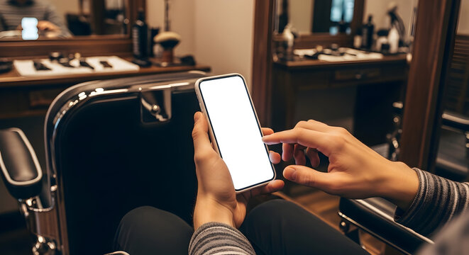 Modern Barber Shop Customer Using Smartphone App Booking Appointment Online Mockup