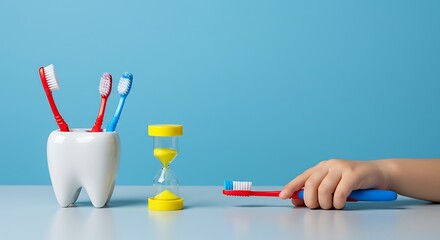 Child brushing teeth with toothbrush and hourglass timer