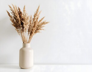 Beige vase filled with dried pampas grass against a white background, creating a minimalist and elegant aesthetic.