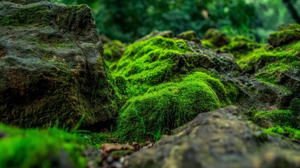 Beautiful bright green moss covering rough stones and forest floor, captured in macro view, showing rich texture and natural details, perfect for nature backgrounds, wallpapers, eco design projects