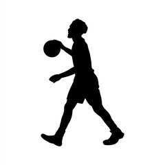 Silhouette of Basketball Player Walking with Ball, Black Silhouette of Male Athlete Dribbling Basketball