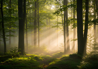 Obraz premium Mystical Forest Scene with Mist Rolling Between Trees