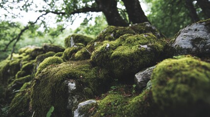 Beautiful bright green moss covering rough stones and forest floor, captured in macro view, showing rich texture and natural details, perfect for nature backgrounds, wallpapers, eco design projects