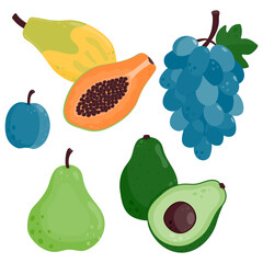 Set of ripe juicy fruits. Papaya, plum, avocado, pear, grape.