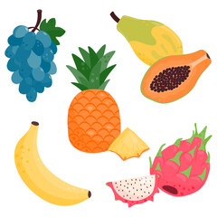 Set of ripe juicy fruits. Papaya, pitaya, banana, pineapple, grapes.
