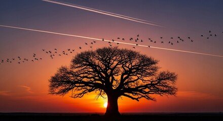 Silhouette of a Tree at Sunset with Birds and Contrails in the Sky