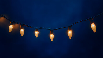 Warm glowing string lights on dark blue background. Perfect for festive banners, cozy atmosphere, or seasonal decoration visuals.