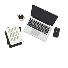 Laptop, documents, coffee, and mouse on a desk; a minimalist workspace setup.