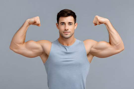 Muscular man in tank top flexing arms. Fitness, strength, and male health concept in sports modeling.