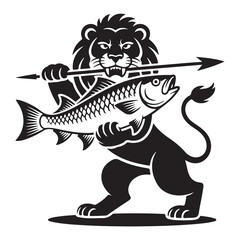 Heraldic lion holding fish in black and white