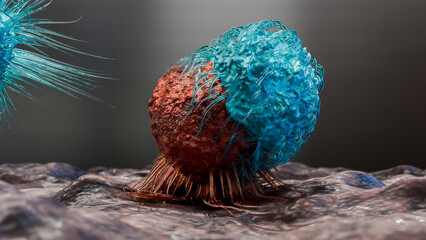 body immune response viral infection, lymphocytes, Cancer Immunotherapy, T cell and B-cell immune system fighting viruses, flagella, Dendritic or cancer tumor cells, Bacteria, 3d render