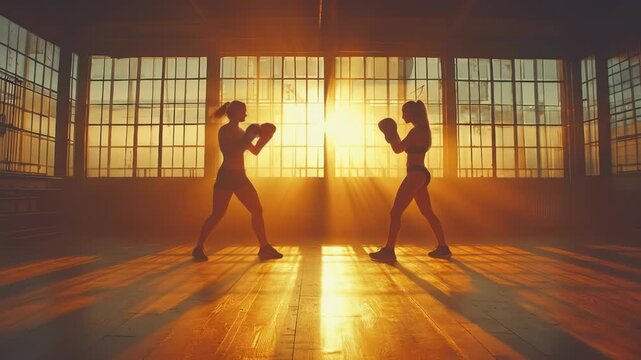 Two women face each other in a sunlit boxing arena, silhouetted by bright light streaming through windows. Shadows dance on the floor