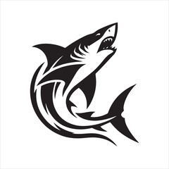 Black and White Shark Silhouette with Open Jaws and Sharp Teeth.