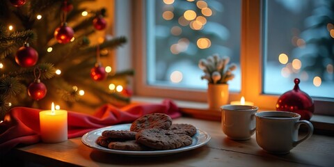 Christmas-Themed Kitchen Table with Chocolate Cookies, Cinnamon Tea, Candles, and Twinkling Lights Outside — Warm and Inviting Mood