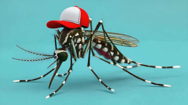 Realistic Mosquito Wearing Red Baseball Cap on Blue Background