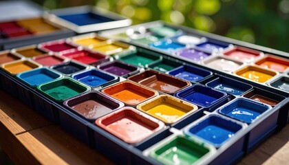 Colorful Watercolor Paint Palette On Wooden Surface