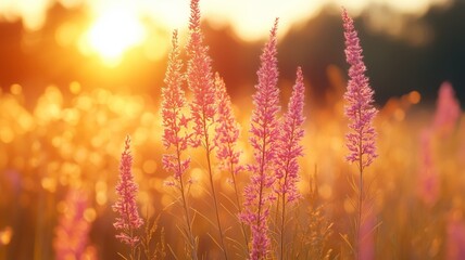 Obraz premium Close-Up Nature Flowers Field Sunset Serene Atmosphere