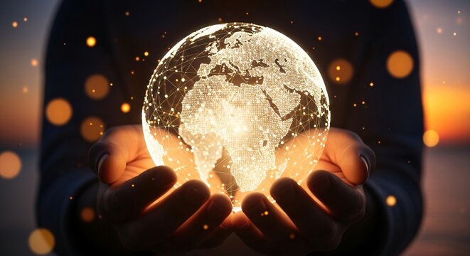 Hands cradling a glowing digital globe representing global connection, innovation, and technology