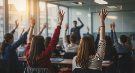 Engaged Students Raising Hands in a Bright Seminar Room During Q&A Session