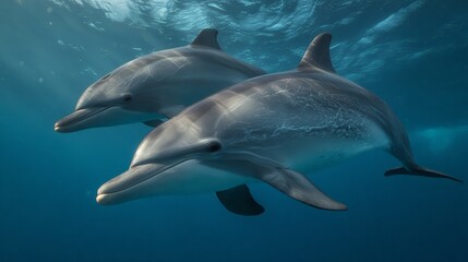 Fototapeta premium Two playful dolphins swimming gracefully in deep blue ocean waters.