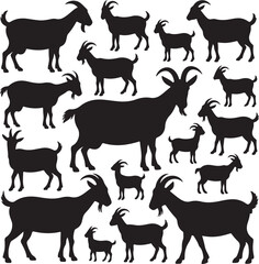 Diverse Group of Goat Silhouettes in Different Poses and Sizes goats animal