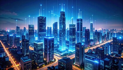 Obraz premium Futuristic City Skyline At Night With Glowing Connections