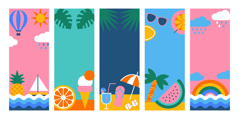 Vibrant summer vacation scenes featuring beach fun, tropical treats, and sunny skies for joyful getaways