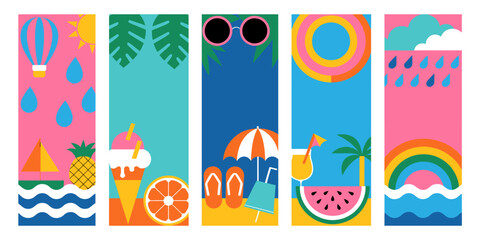 Vibrant summer vacation montage capturing joyful beach vibes with ice cream, drinks, and sunny weather elements for a perfect escape