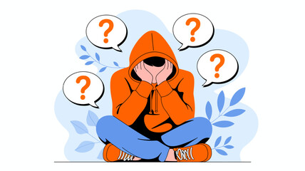 Obraz premium Confused person with multiple question marks in thought bubbles, feeling overwhelmed and uncertain about decisions, seeking clarity