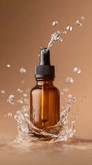 Amber glass dropper bottle with water splash on brown background  