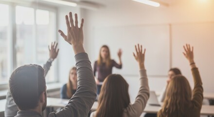 Young Adults Actively Participating in an Educational Workshop with Hands Raised