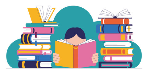 Enthusiastic student deeply engrossed in reading stacks of colorful books, expanding knowledge and imagination.