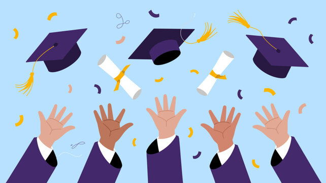 Excited graduates toss caps and diplomas in a celebratory explosion of confetti, marking a triumphant milestone achievement and bright future. - Powered by Adobe