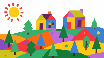 Vibrant abstract landscape with colorful houses and trees under a bright sun, evoking cheerful, playful, and idyllic rural vibes