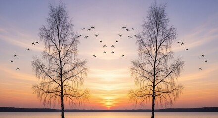 Fototapeta premium Tranquil Sunset Over Lake with Birch Trees and Birds in Flight