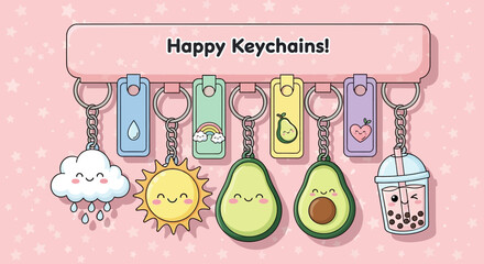 Kawaii Cute Keychains with Happy Avocado and Boba Tea