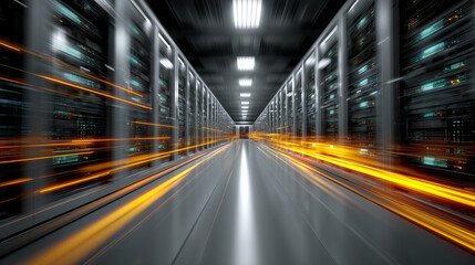 High-Speed Data Transfer in Modern Server Room with Motion Light Trails